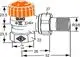 Thermostat-Ventilunterteil in Durchgangsform, mit orangefarbenem Bedienteil und Gewindeanschluss. Produkt von IMI Hydronic Engineering. Technische Maße deutlich dargestellt.